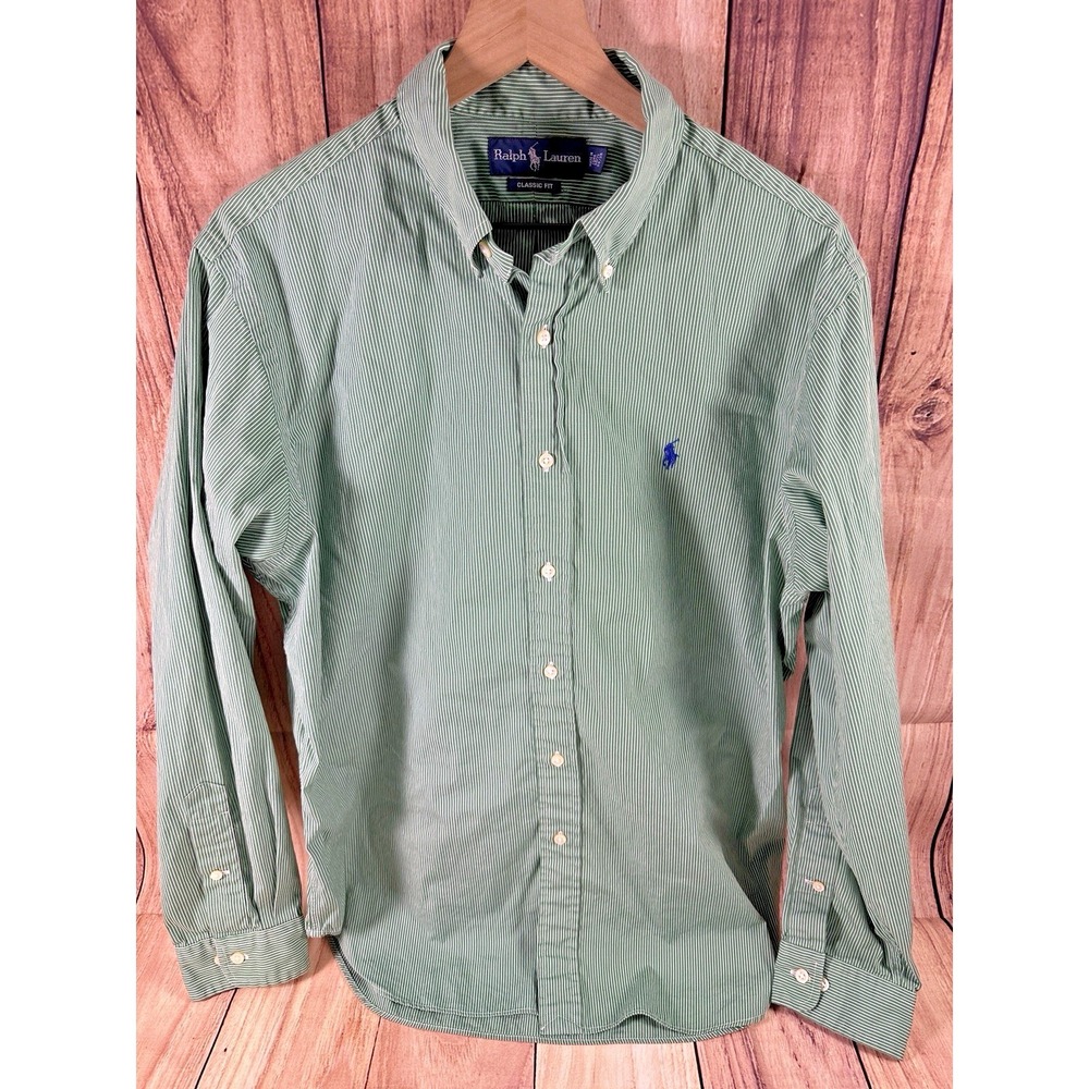 Ralph Lauren Men Shirt XL Button Down Green Stripe Classic Fit Long Slv  16-1/2
